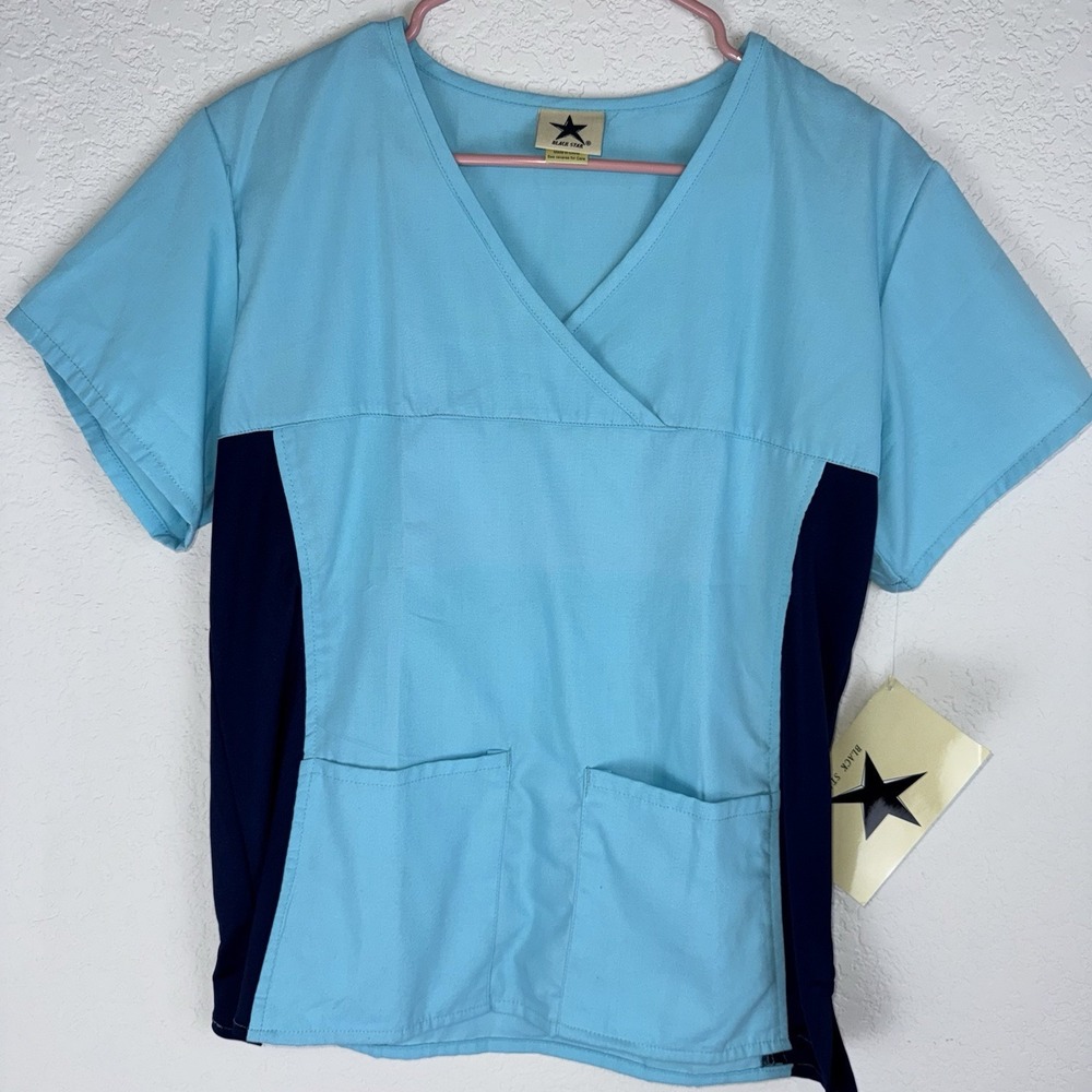 Black Star Women Scrub Top Aqua Navy Mock Wrap V Neck Medical 1901 Large NWT